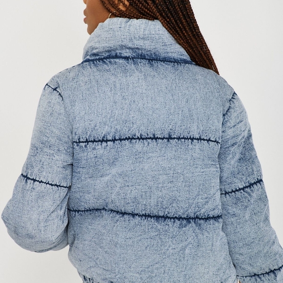 Women's Blue Denim Look Puffer Jacket - Picture 2 of 3